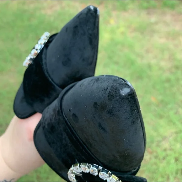 Velvet Pointed Rhinestone Ring Slip-On Loafers - Picture 15 of 16